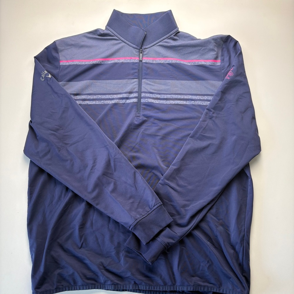 Callaway Mens‎ Golf Pullover 1/4 Zip Navy Blue Pink Stripe Long Sleeve Athletic